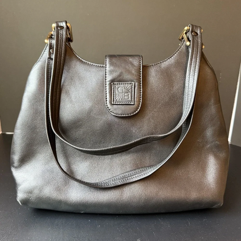 Giani Bernini Womens Black Leather Shoulder Bag Purse Hobo Magnetic Snap‎ Logo